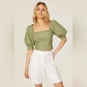 Ted Baker Daisea Puff Sleeve Green Linen Blend Blouse